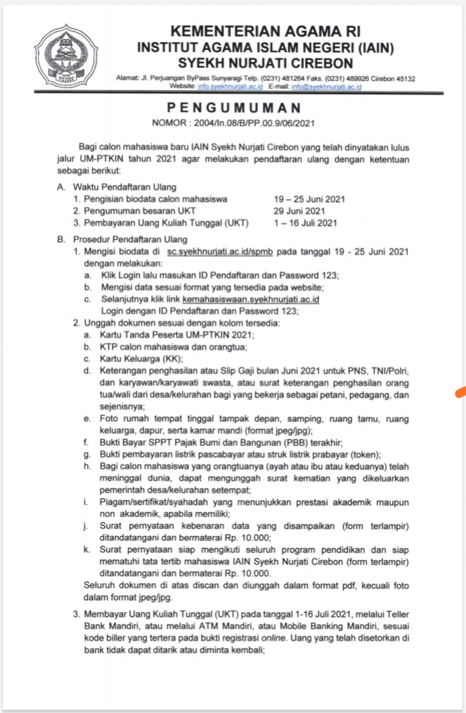 PENGUMUMAN REGISTRASI ULANG CALON MAHASISWA BARU UMPTKIN DI IAIN SYEKH NURJATI CIREBON