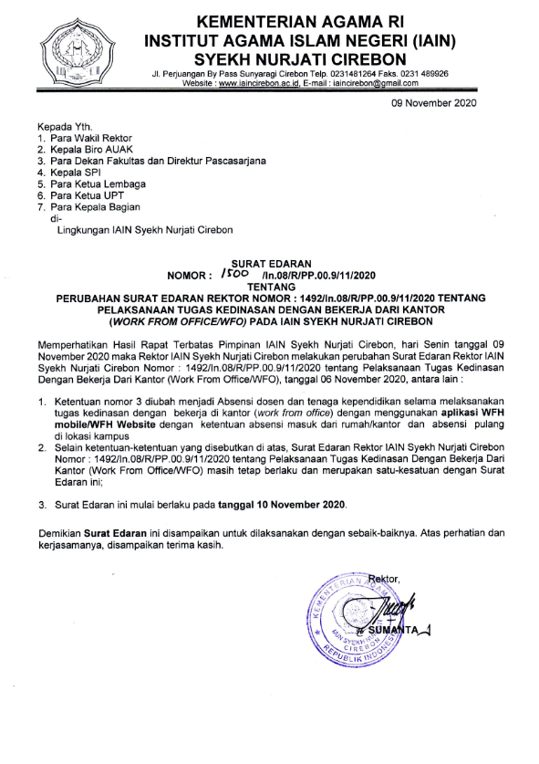 Surat Edaran Rektor IAIN Syekh Nurjati Cirebon Tentang Perubahan Pelaksanaan Tugas Kedinasan Dengan Bekerja Dari Kantor (Work From Office)