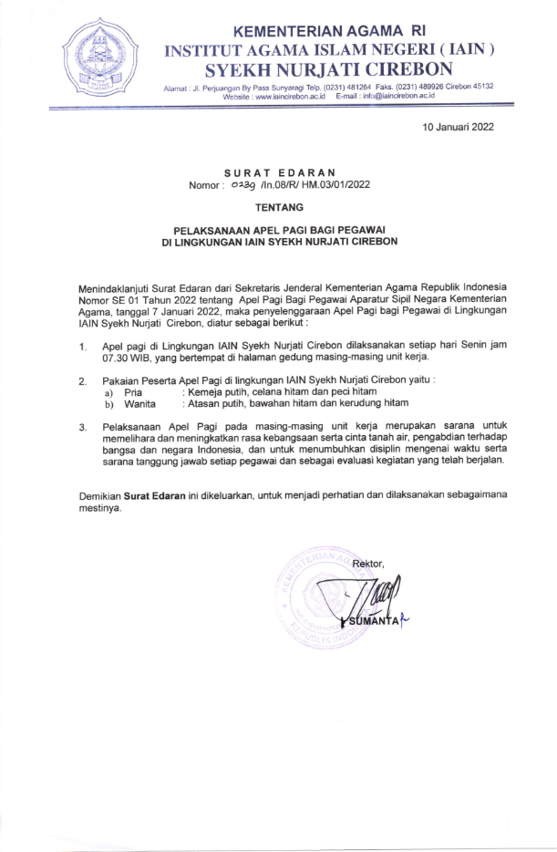 Surat Edaran Tentang Apel Pagi Bagi Pegawai Di Lingkungan IAIN Syekh Nurjati Cirebon