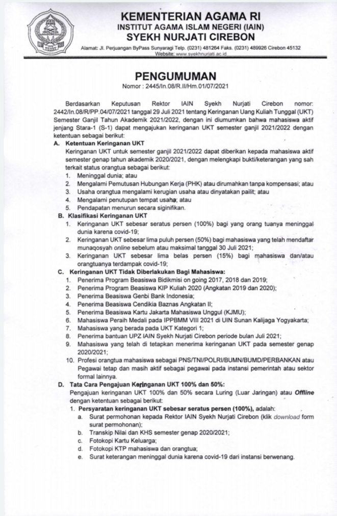 PENGUMUMAN KERINGANAN PEMBAYARAN UKT SEMESTER GANJIL TA 2021/ 2022