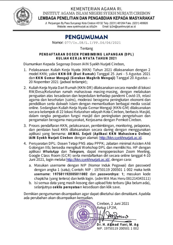 Pendaftaran Dosen Pembimbing Lapangan KKN 2021