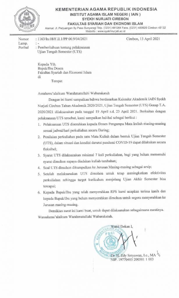 PENGUMUMAN UJIAN TENGAH SEMESTER (UTS) SEMESTER GENAP TA 2020/2021