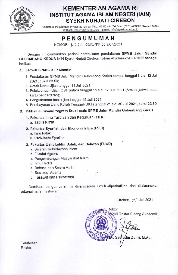 PENGUMUMAN SPMB JALUR MANDIRI GELOMBANG DUA IAIN SYEKH NURJATI CIREBON