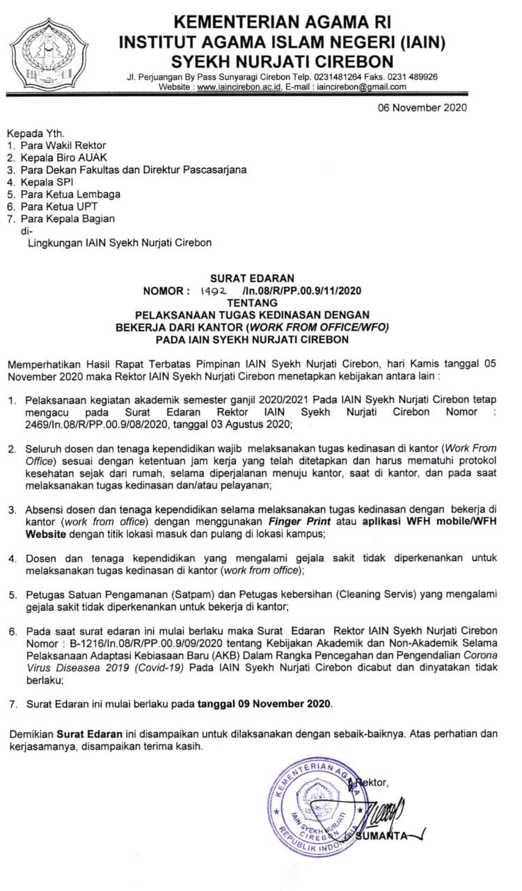 Surat Edaran Rektor IAIN Syekh Nurjati Cirebon Tentang Pelaksanaan Tugas Kedinasan Dengan Berkerja Dari Kantor (Work From Office)