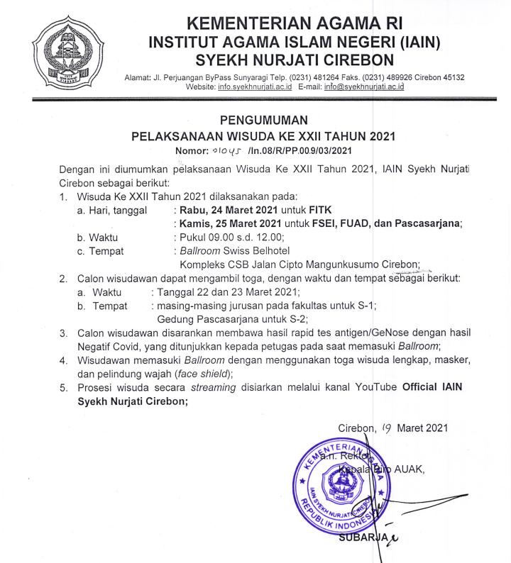 PENGUMUMAN PELAKSANAAN WISUDA KE XXII TAHUN 2021