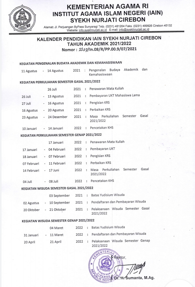 KALENDER PENDIDIKAN IAIN SYEKH NURJATI CIREBON TAHUN 2021/ 2022