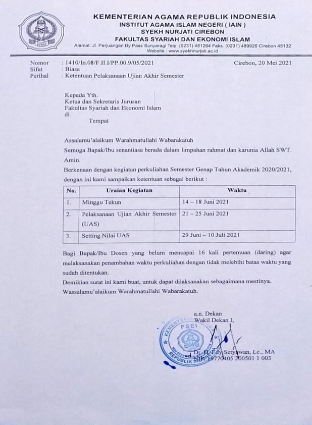 PENGUMUMAN PELAKSANAAN UJIAN AKHIR SEMESTER (UAS) GENAP TA 2020-2021 FSEI