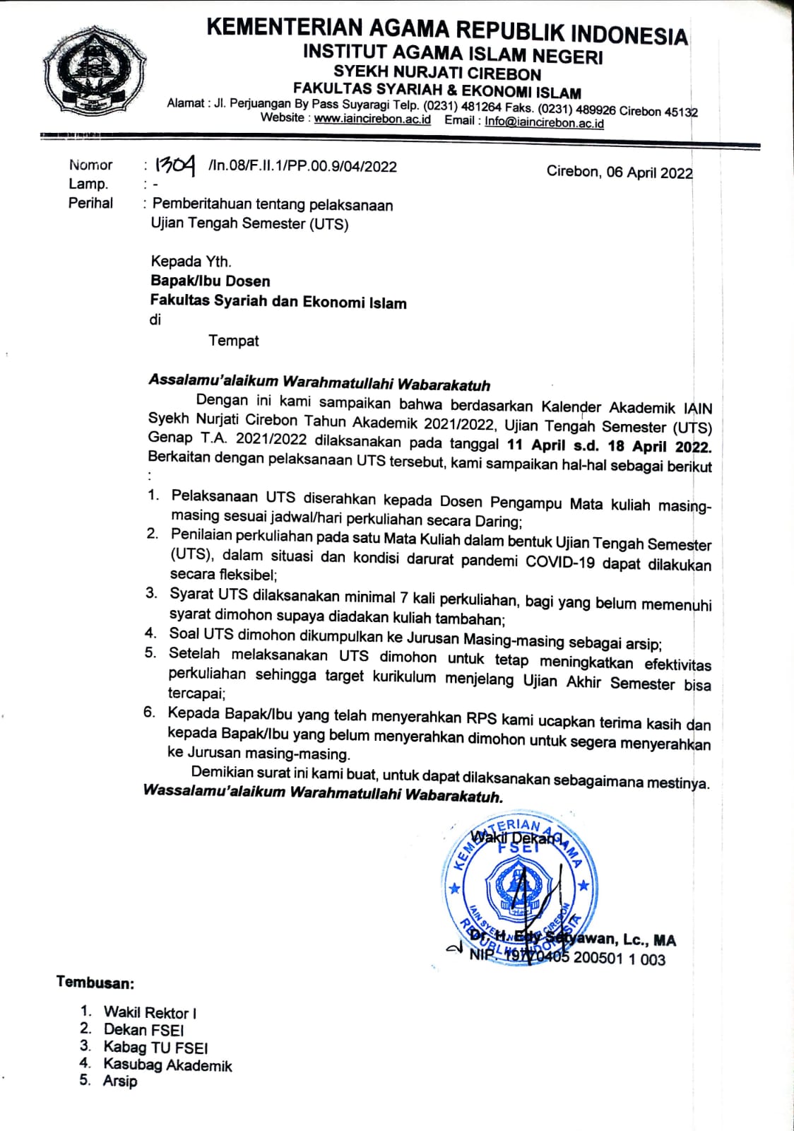 PELAKSANAAN UTS SEMESTER GENAP TA 2021/2022 FAKULTAS SYARIAH DAN EKONOMI ISLAM