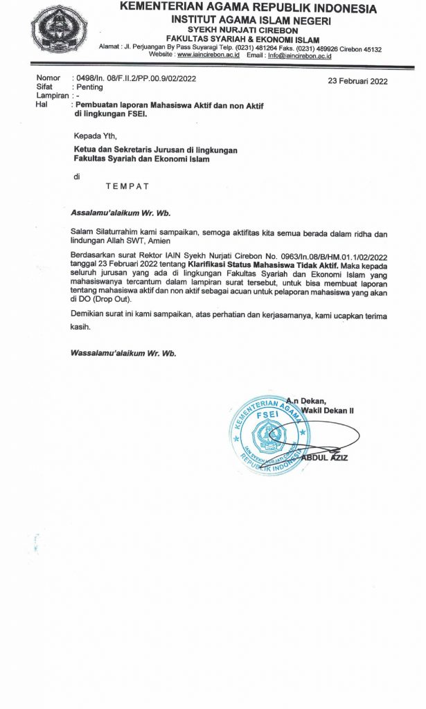 Informasi Klarifikasi Status Mahasiswa Non Aktif di lingkungan Fakultas Syariah dan Ekonomi Islam