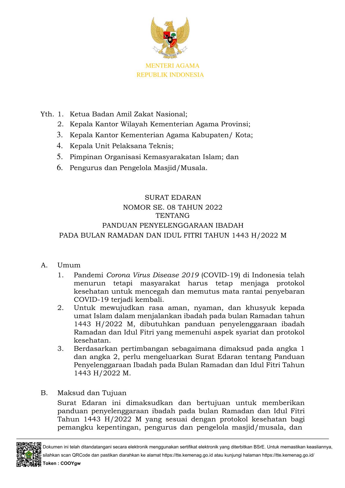 Edaran Menag No SE. 08 Tahun 2022 tentang Panduan Penyelenggaraan Ibadah pada Bulan Ramadan dan Idul Fitri Tahun 1443 H/2022 M