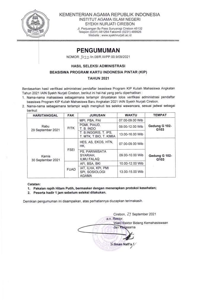 Pengumuman Hasil Seleksi Administrasi Beasiswa Program KIP Tahun 2021