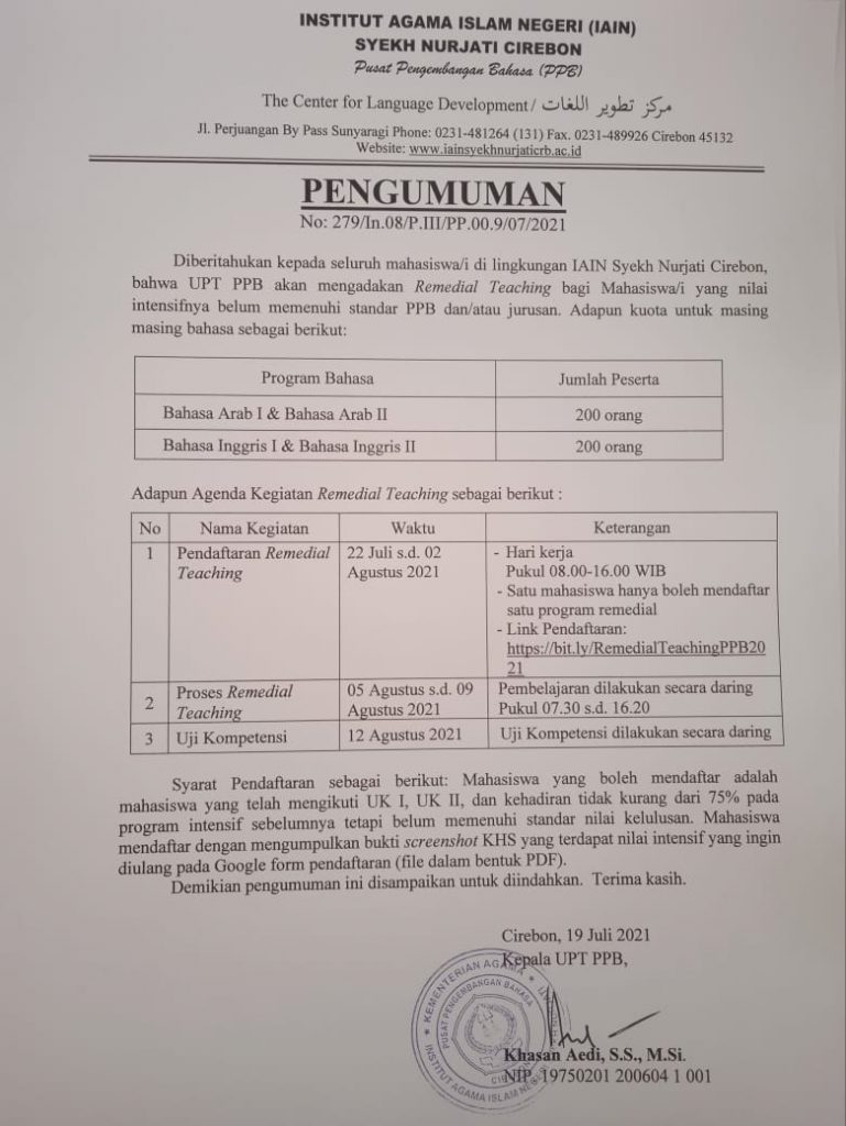 PENGUMUMAN REMEDIAL TEACHING PUSAT PENGEMBANGAN BAHASA (PPB) IAIN SYEKH NURJATI CIREBON