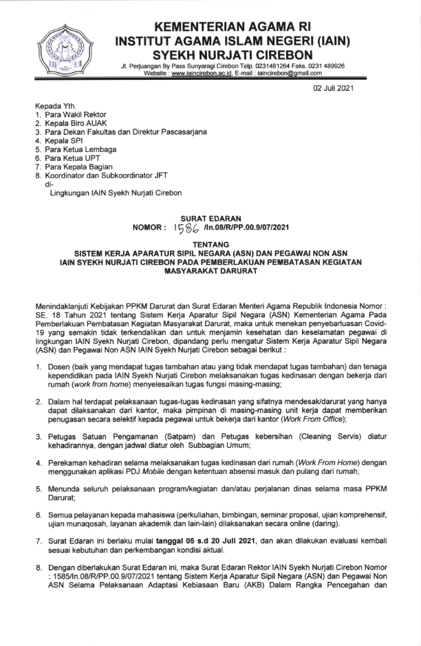 SURAT EDARAN SISTEM KERJA APARATUR SIPIL NEGARA DAN PEGAWAI NON ASN IAIN SYEKH NURJATI PADA MASA PPKM DARURAT