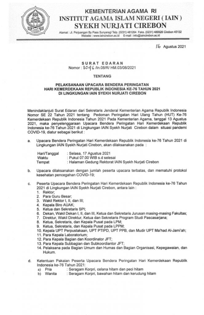 SURAT EDARAN PELAKSANAAN UPACARA BENDERA PERINGATAN HARI BESAR KEMERDEKAAN REPUBLIK INDONESIA KE 76 TAHUN 2021