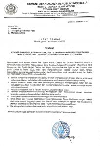 SURAT EDARAN DEKAN FSEI: KEWASPADAAN DINI, KESIAPSIAGAAN, SERTA TINDAKAN ANTISIPASI PENCEGAHAN INFEKSI COVID-19 DI LINGKUNGAN FAKULTAS SYARI'AH DAN EKONOMI ISLAM IAIN SYEKH NURJATI CIREBON