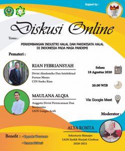 HMJ EKONOMI SYARIAH MENGGELAR DISKUSI ONLINE DENGAN TEMA "PERKEMBANGAN INDUSTRI HALAL DAN PARIWISATA HALAL DI INDONESIA PADA MASA PANDEMI""