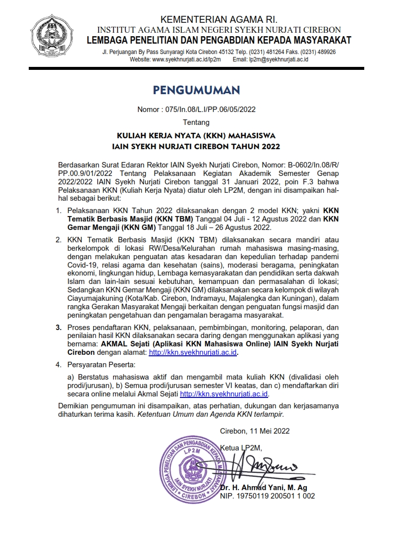 PENGUMUMAN KULIAH KERJA NYATA (KKN) MAHASISWA TAHUN 2022