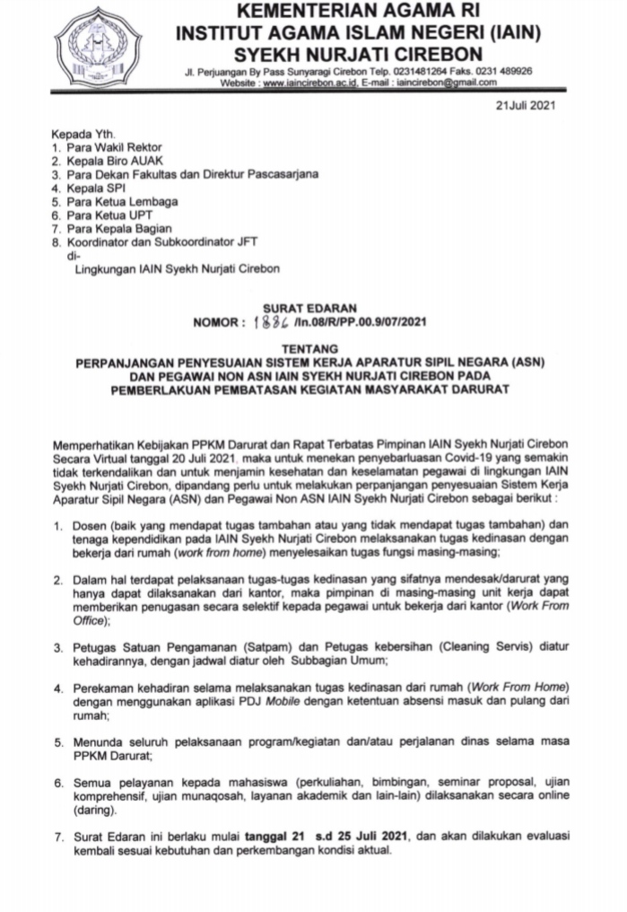 SURAT EDARAN PERPANJANGAN SISTEM KERJA ASN DAN PEGAWAI NON ASN PADA IAIN SYEKH NURJATI CIREBON PADA MASA PPKM DARURAT