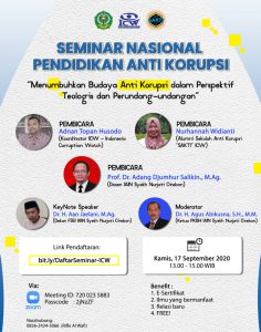 SEMINAR NASIONAL PENDIDIKAN ANTI KORUPSI DENGAN TEMA "MENUMBUHKAN BUDAYA ANTI KORUPSI DALAM PERSPEKTIF TEOLOGIS DAN PERUNDANGAN-UNDANGAN" BERSAMA FAKULTAS SYARIAH DAN EKONOMI ISLAM IAIN SYEKH NURJATI CIREBON DENGAN ICW (INDONESIA CORRUPTION WATCH)