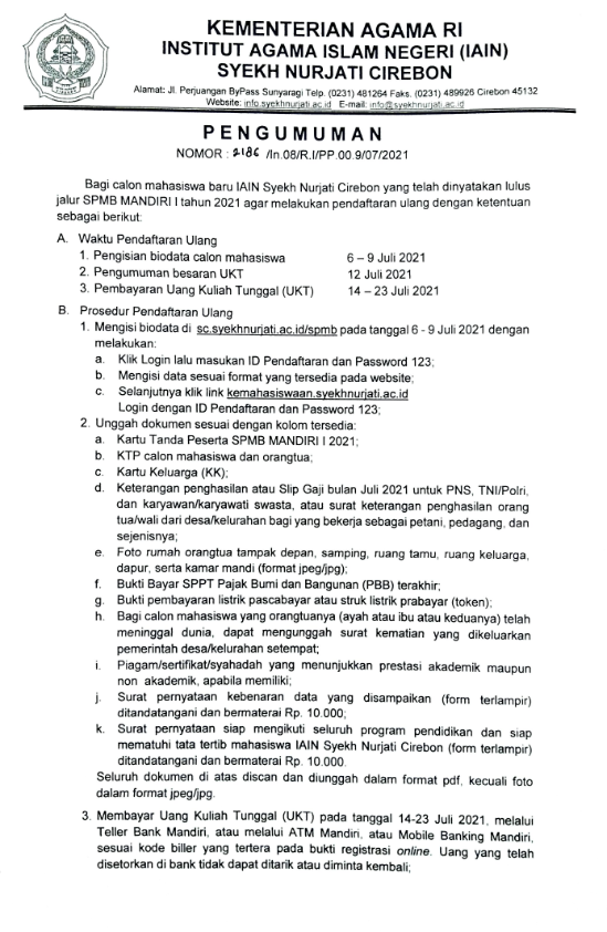 PENDAFTARAN ULANG CALON MAHASISWA BARU JALUR SPMB MANDIRI GELOMBANG PERTAMA