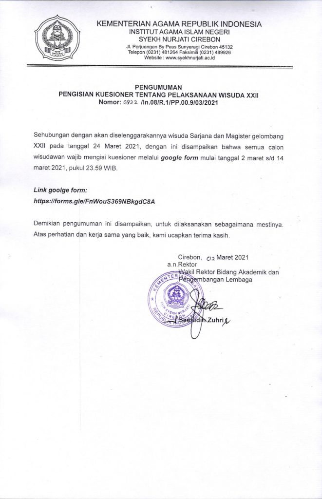 PENGUMUMAN PENGISIAN KUISIONER TENTANG PELAKSANAAN WISUDA XXII