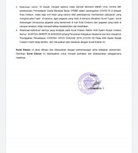 SURAT EDARAN TENTANG PERUBAHAN KEBIJAKAN AKADEMIK DAN NON-AKADEMIK PENCEGAHAN PENYEBARAN CORONA VIRUS DISEASE 2019 (COVID-19) PADA IAIN SYEKH NURJATI CIREBON