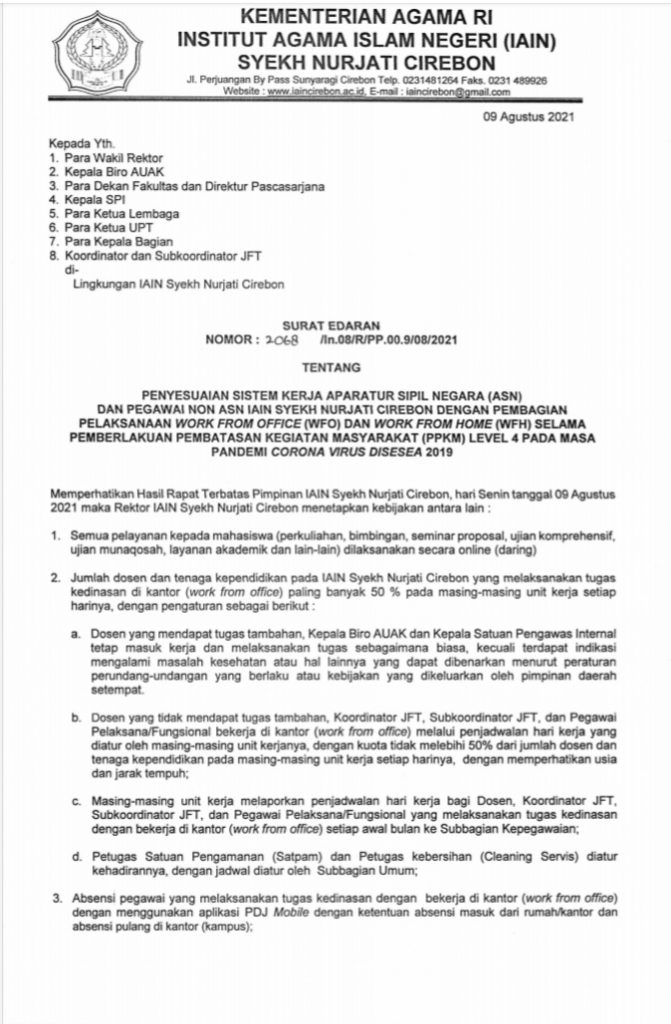 PENYESUAIAN SISTEM KERJA PEGAWAI ASN DAN NON ASN IAIN SYEKH NURJATI CIREBON DENGAN PEMBAGIAN WFO DAN WFH SELAMA PPKM LEVEL 4