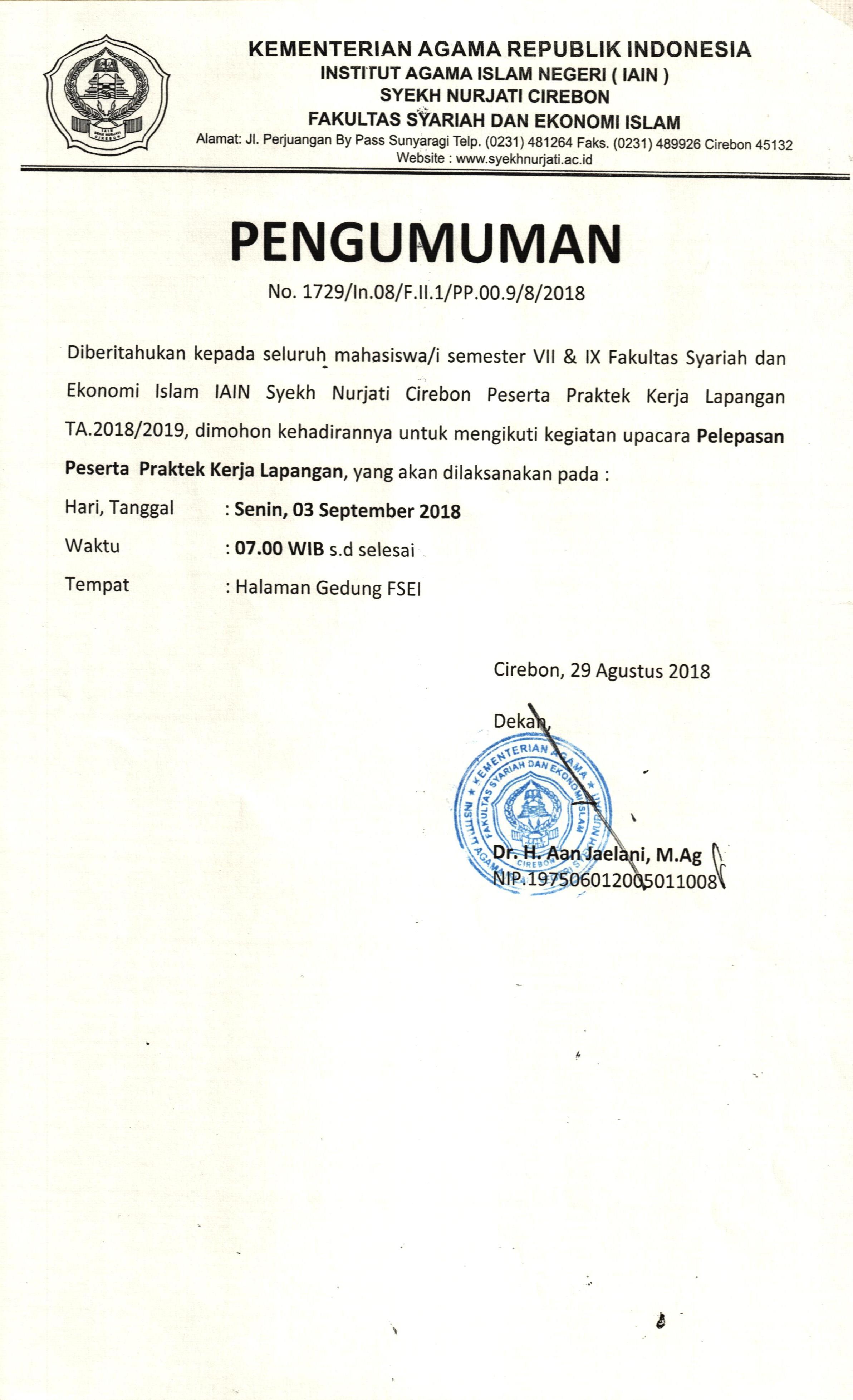 Pengumuman Pelepasan Peserta PKL Tahun 2018