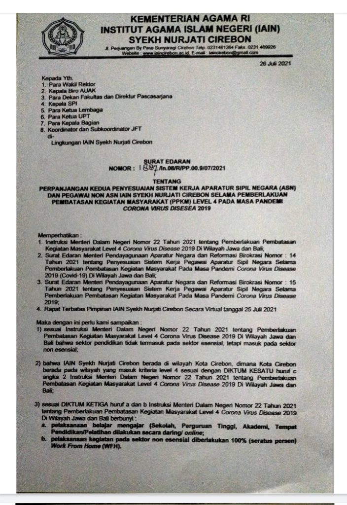SURAT EDARAN PERPANJANGAN KEDUA PENYESUAIAN SISTEM KERJA PEGAWAI IAIN SYEKH NURJATI CIREBON SELAMA PPKM LEVEL 4