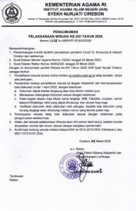 PENGUMUMAN PELAKSANAAN WISUDA KE XXI IAIN SYEKH NURJATI CIREBON TAHUN 2020