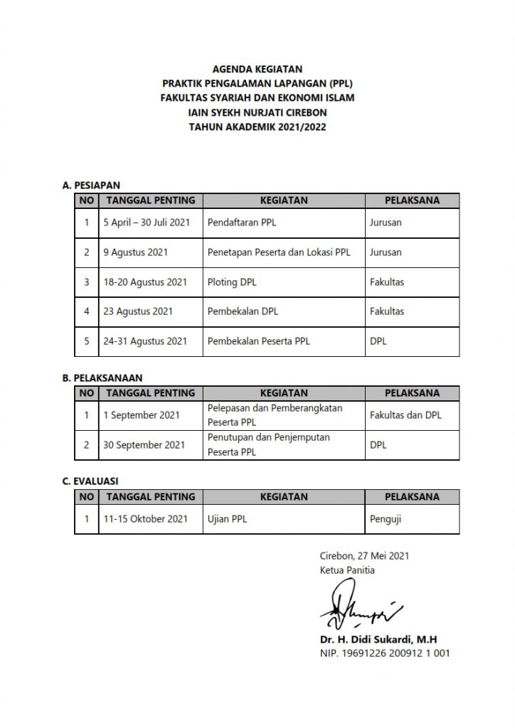 AGENDA KEGIATAN PRAKTIK PENGALAMAN LAPANGAN (PPL) FSEI 2021