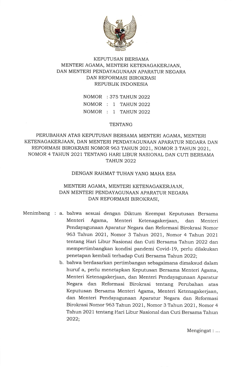 SKB 3 Menteri Tentang Hari Libur Nasional dan Cuti Bersama Tahun 2022