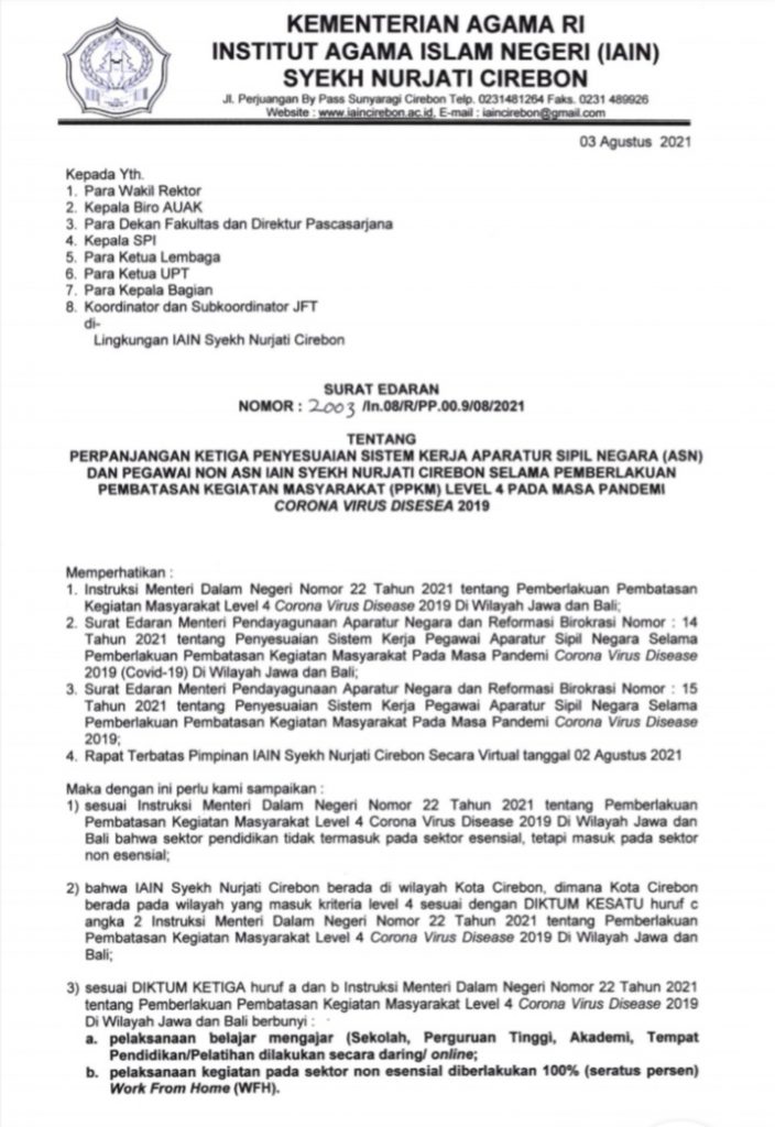 SURAT EDARAN PERPANJANGAN KETIGA PENYESUAIAN SISTEM KERJA PEGAWAI ASN DAN NON ASN SELAMA PEMBERLAKUAN PPKM LEVEL 4 DI LINGKUNGAN IAIN SYEKH NURJATI CIREBON