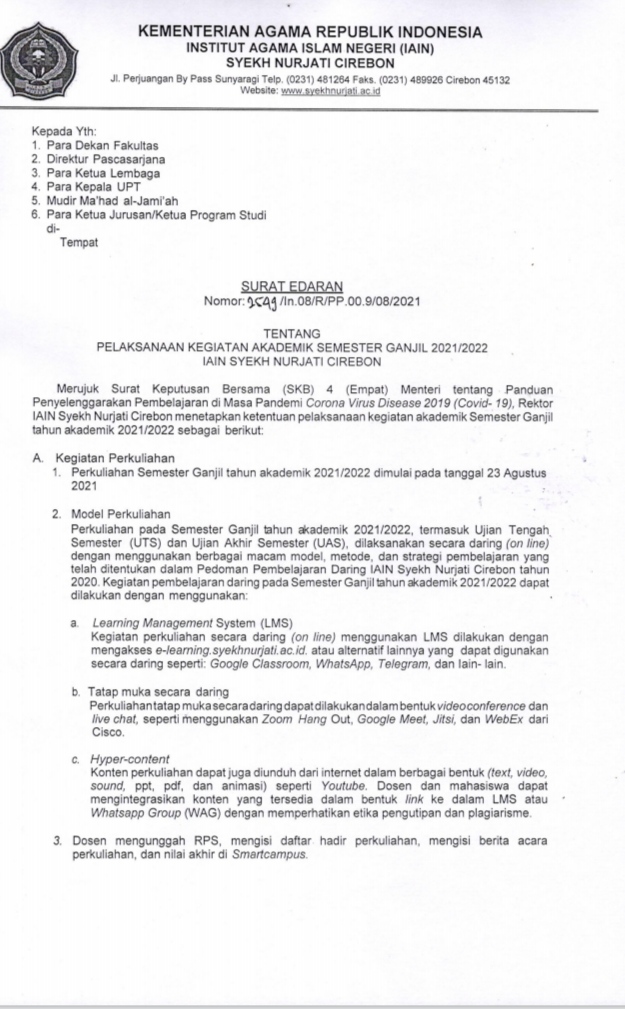 SURAT EDARAN PELAKSANAAN KEGIATAN AKADEMIK SEMESTER GANJIL 2021/2022
