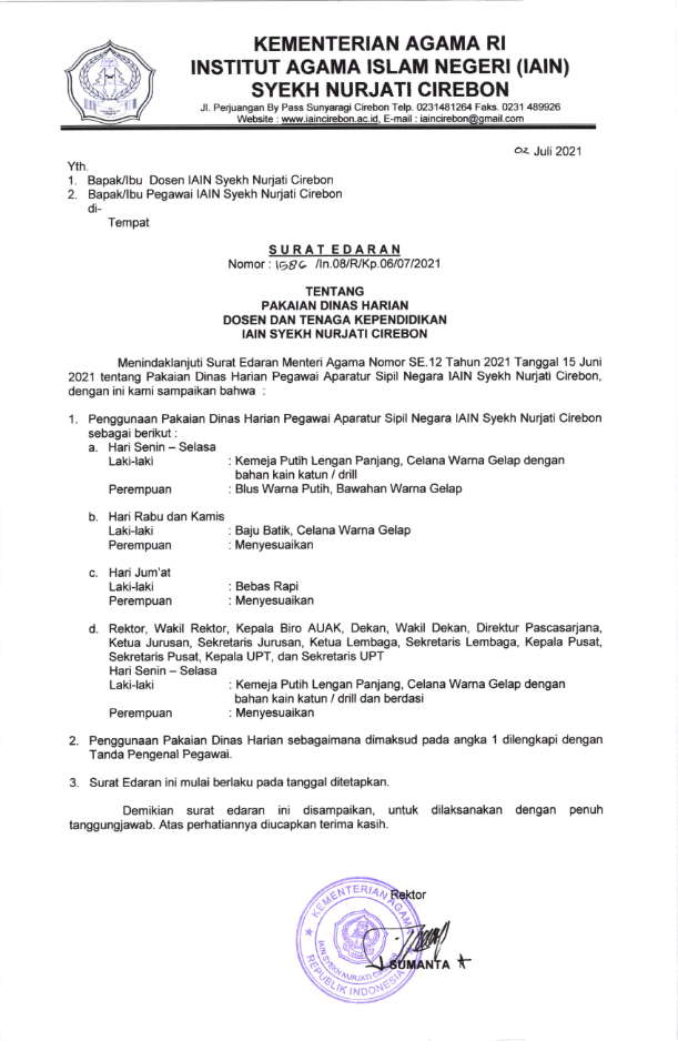 SURAT EDARAN PAKAIAN DINAS IAIN SYEKH NURJATI CIREBON